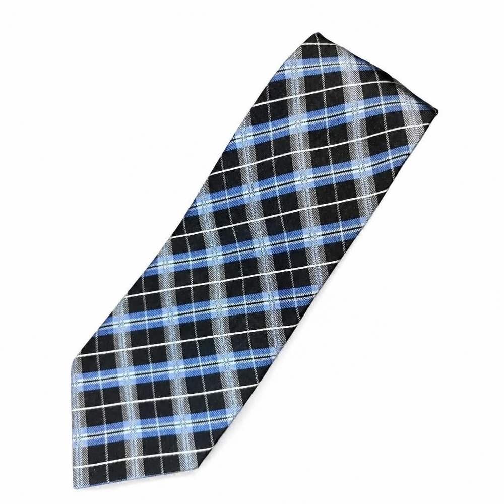 Bill Robinson Mens Tie Blue Black White Plaid Tartan Check Polyester Necktie